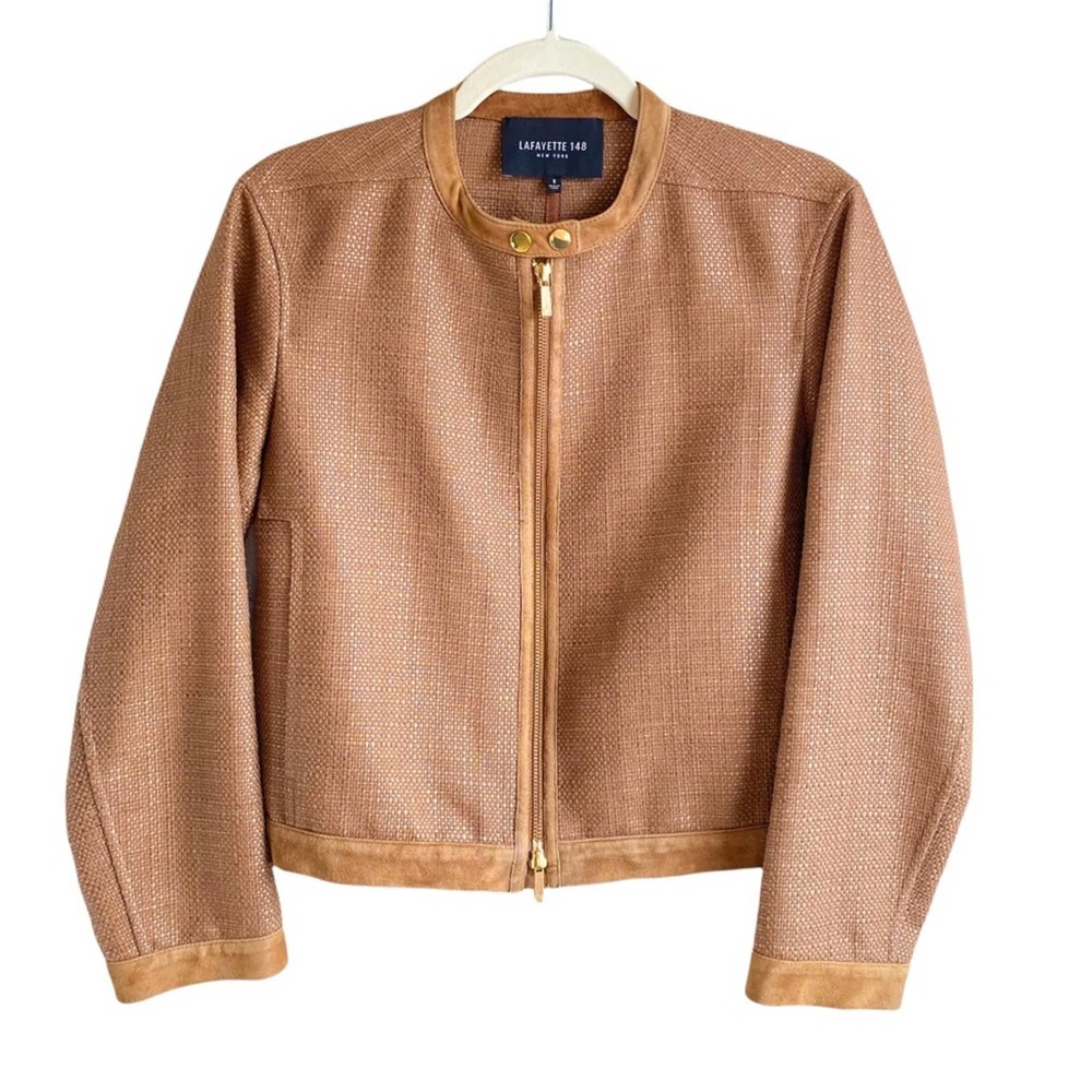 Lafayette 148 New York Tweed Suede Zip Tan Blazer Jacket Size: Small